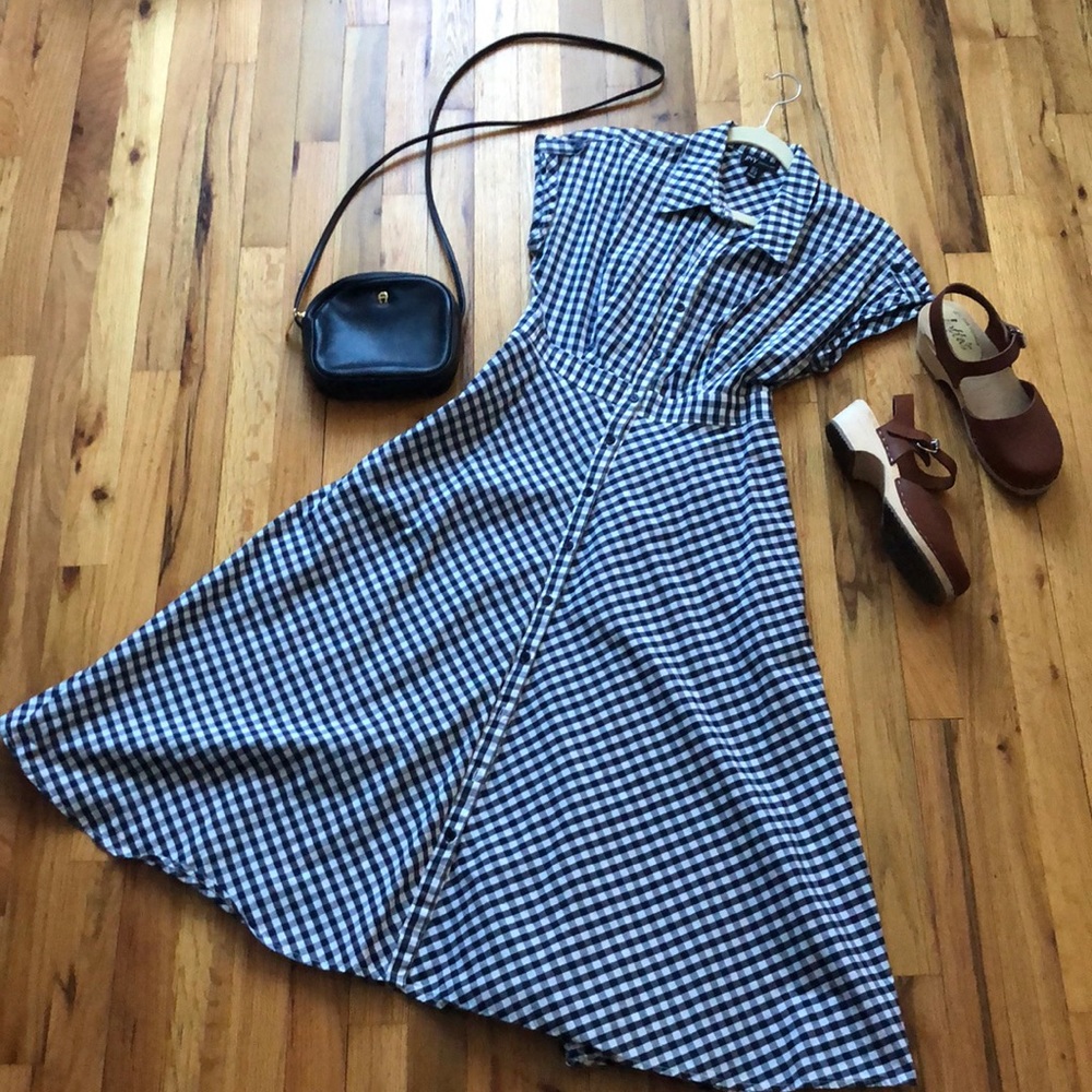Jones New York Navy Blue & white gingham full shirt dress button up long midi